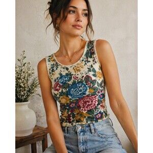 Vintage Glory U.S. Floral Tapestry Knit Tank Blanket Stitch Trim Cottagecore M
